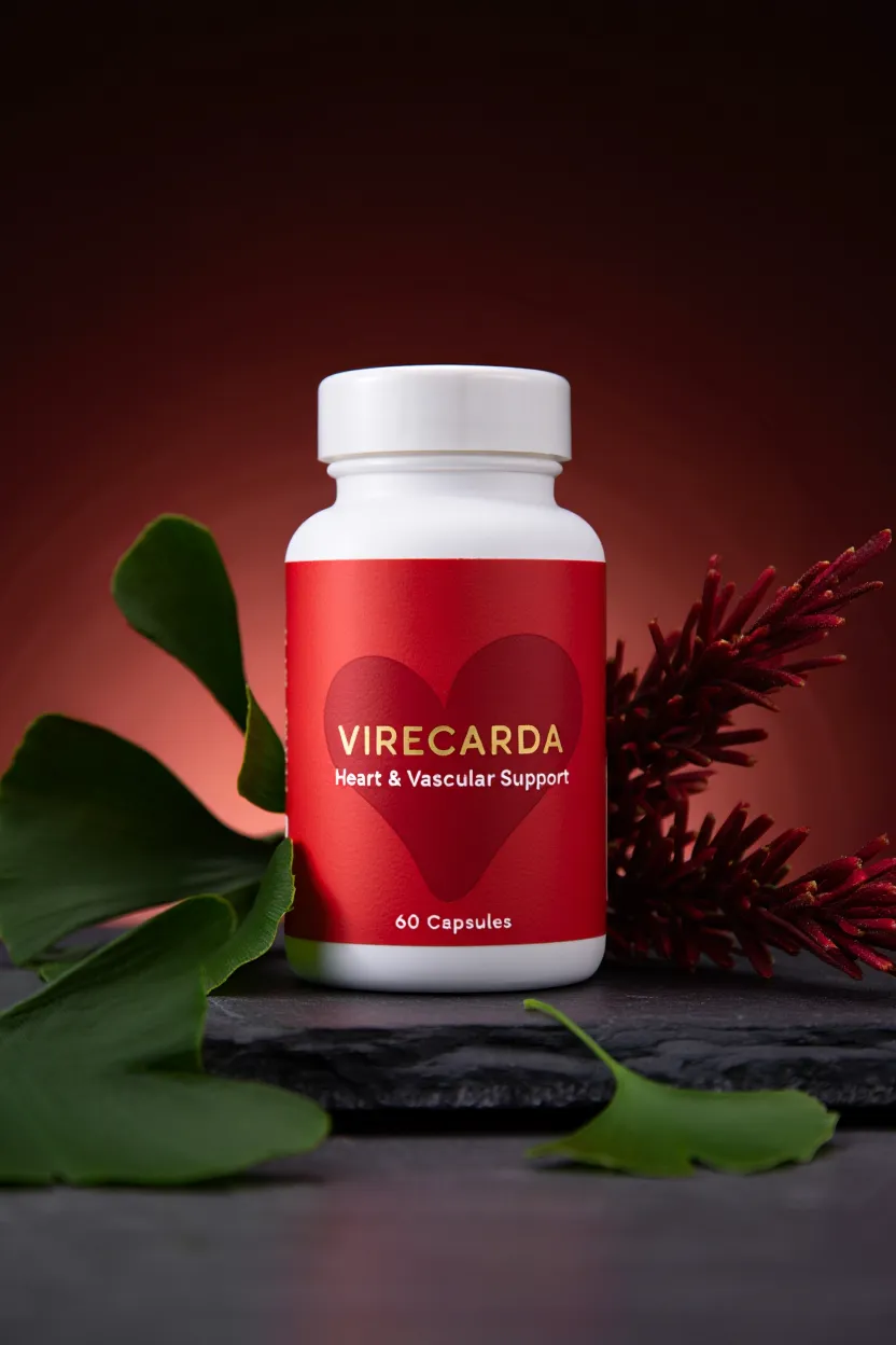 Virecarda supplement bottle with natural ingredients for heart and vascular support